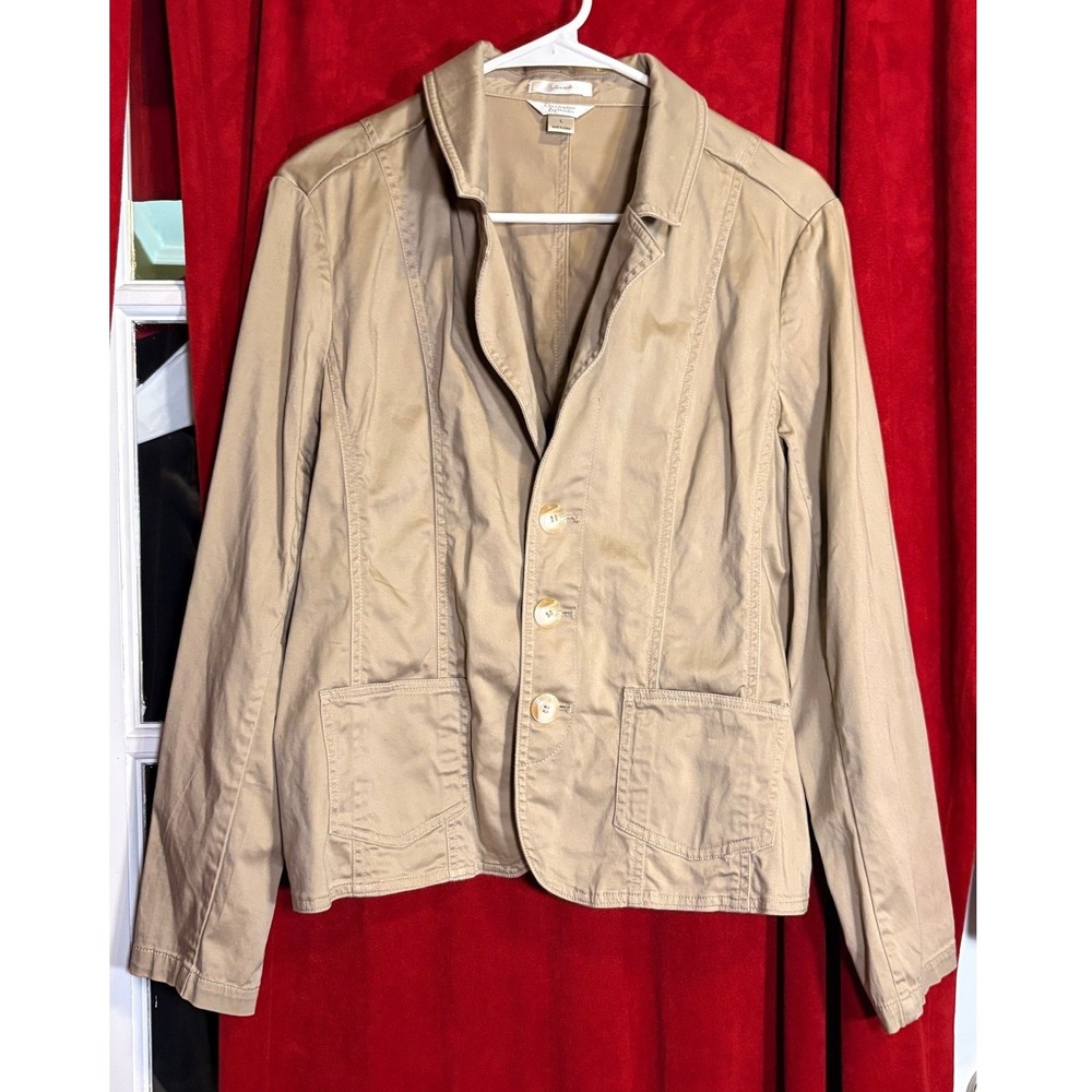 Christopher & Banks Blazer Women Large Tan Good Stretch 3-Button Patch Pockets